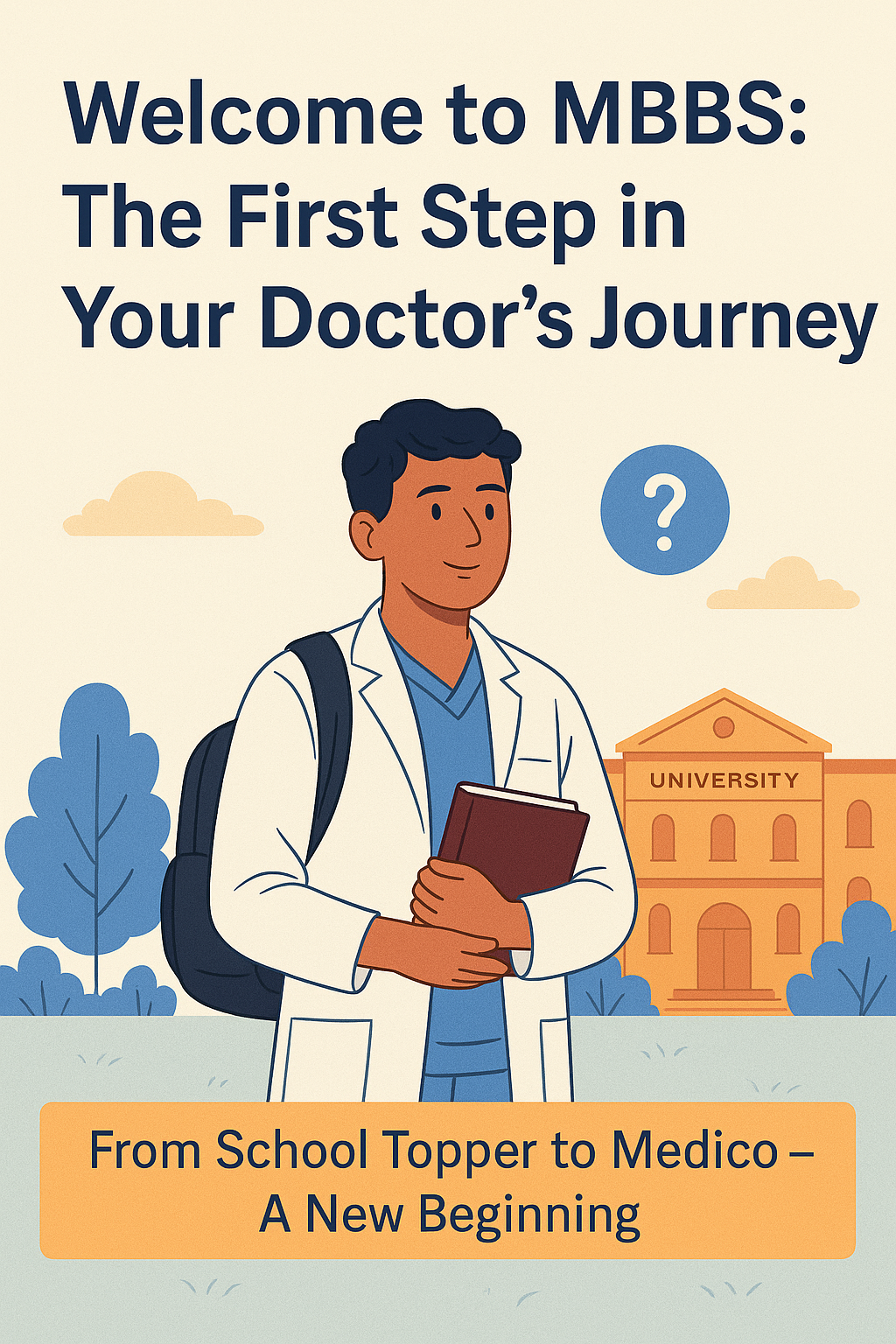 Flat-style infographic showing the journey from school topper to MBBS learner to doctor leader with icons of books, stethoscope, and white coat. Motivational design for medical students starting their MBBS journey.