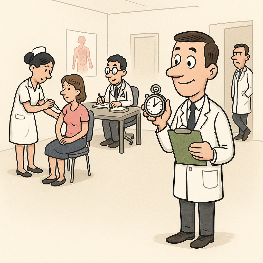 A hospital scene showing a health officer quietly observing doctors, nurses, and staff performing different tasks at random times to assess how their work time is distributed.