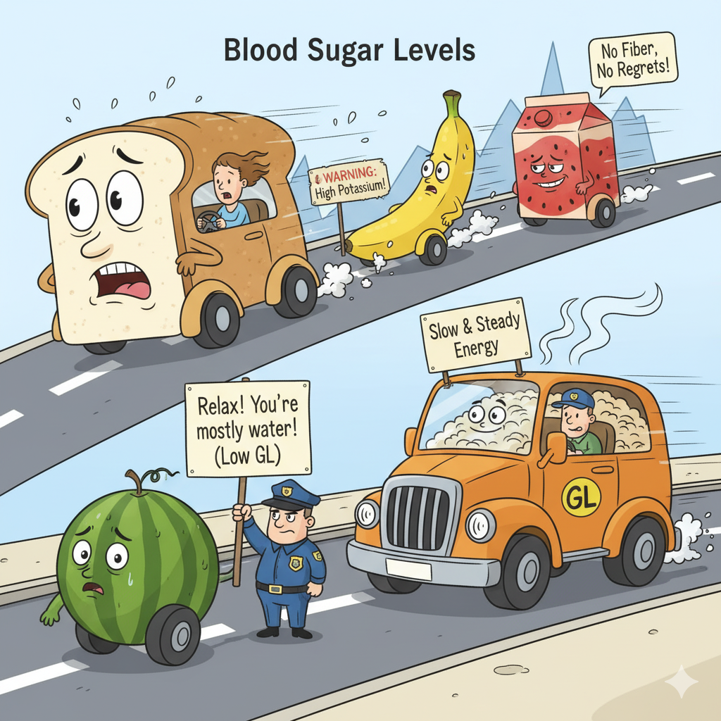 Cartoon illustration comparing food items to cars on a road representing blood sugar levels. A white bread car and a banana car speed erratically, while an oatmeal truck drives slowly. A watermelon fruit car is stopped by a cop with a 'Low GL' sign, and a watermelon juice carton car speeds by, labeled 'No Fiber'.